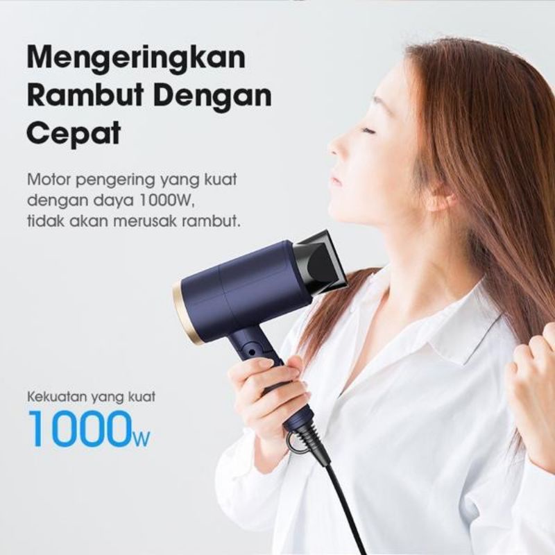 Samono Hair Dryer SW-HDB11 Pengering Rambut Lipat 2 Kecepatan 19000rpm Ion Negatif 360gr - Biru Coban