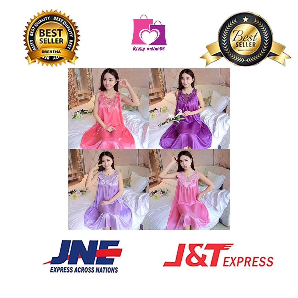 rizkyonline88 baju tidur terusan piyama daster satin