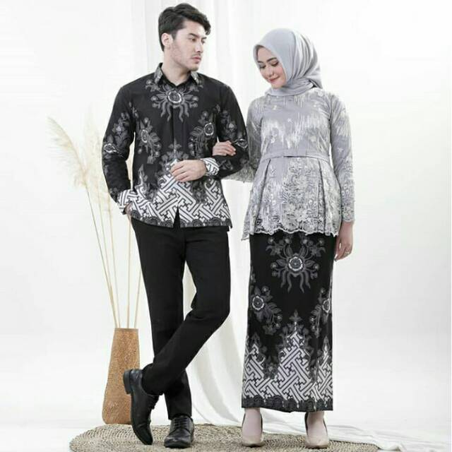 SET BATIK COUPLE NAYARA GREY (BATIK KEMEJA, BATIK ROK SPAN, DAN KEBAYA NAYARA GRATIS SELENDANG)