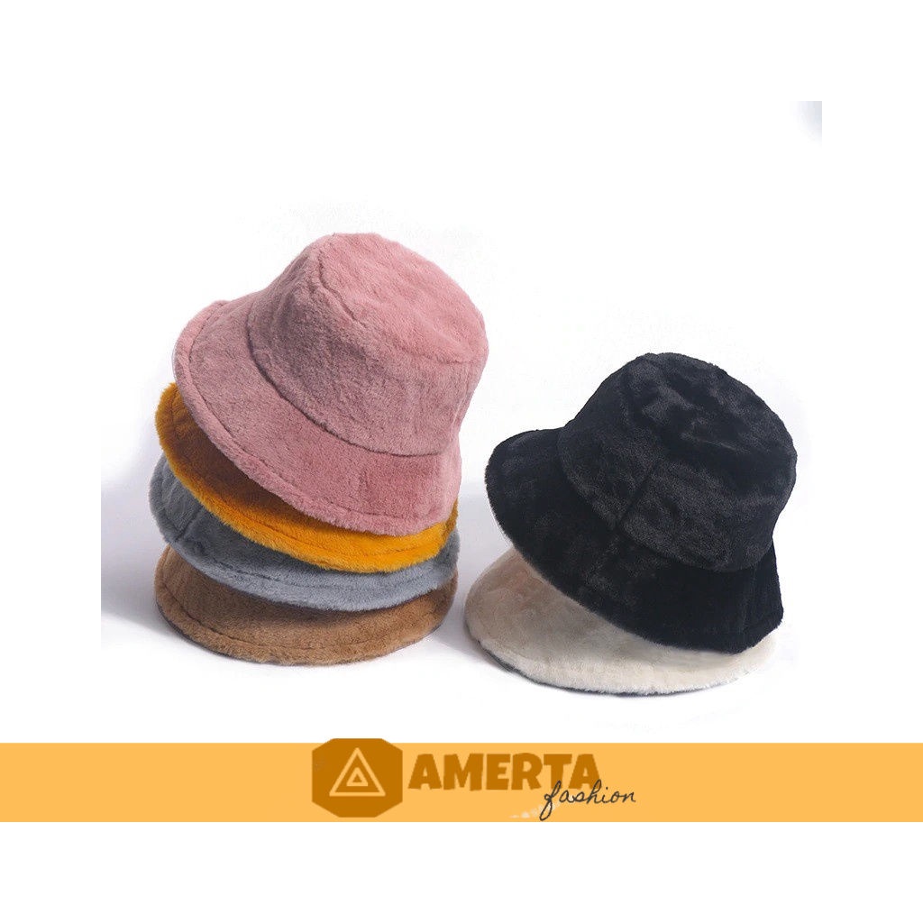 Topi Bucket Hat Wanita Pria Korea Bahan Bulu