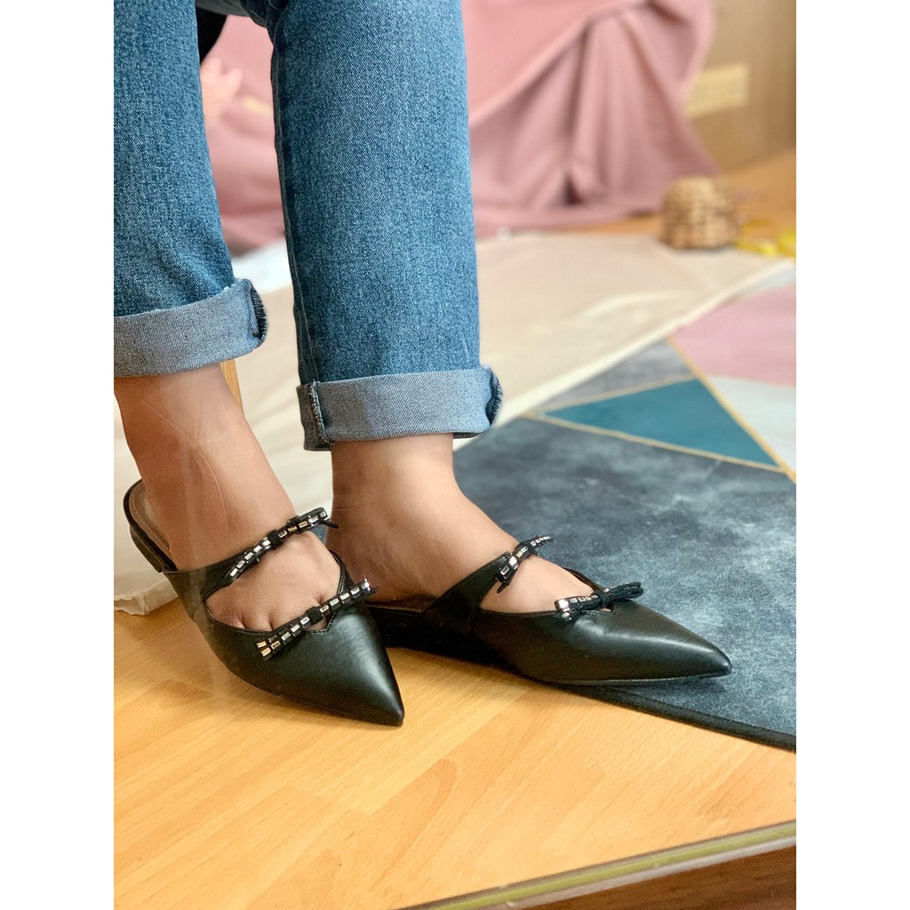 [7.7 Boombastis Sale⚡] - SEPATU WANITA PS080 LEATHER FLAT MULES PREMIUM IMPORT