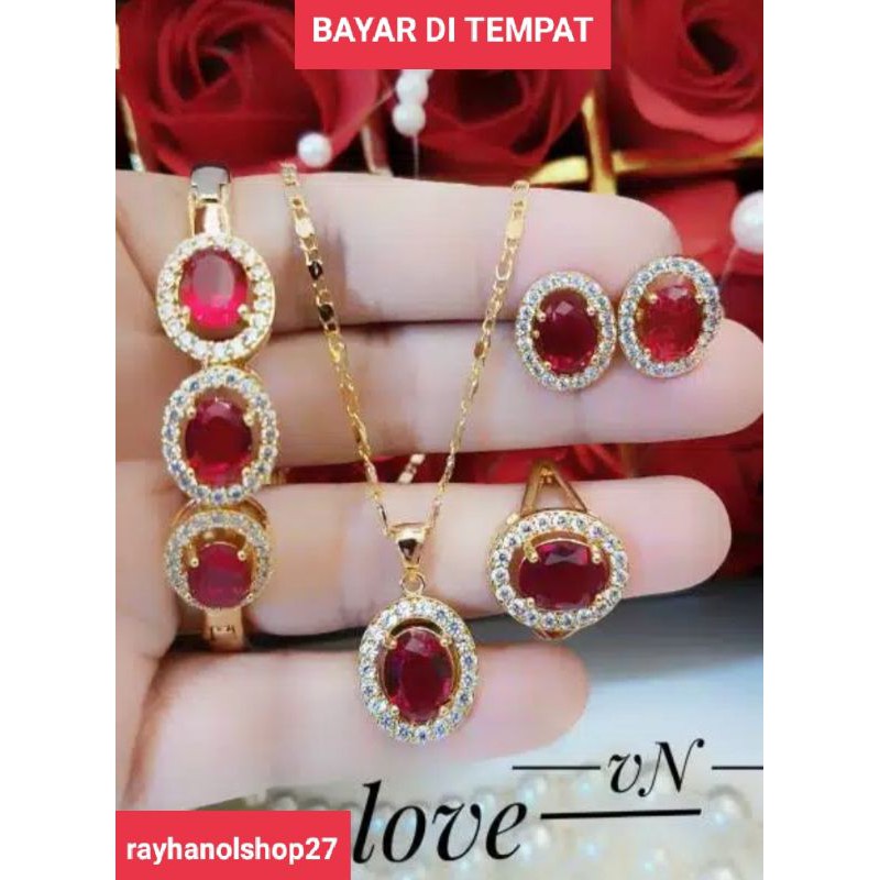 SET PERHIASAN WANITA DEWASA MOTIF BATU PERMATA LENGKAP WARNA PILIHAN LAPIS EMAS 24 K