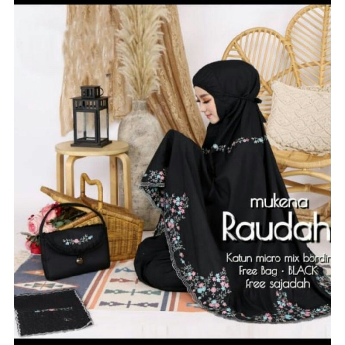 TERLARIS MUKENA MEWAH BORDIR MANUAL RAUDAH ORIGINAL KATUN MIKRO IMPORT - HITAM