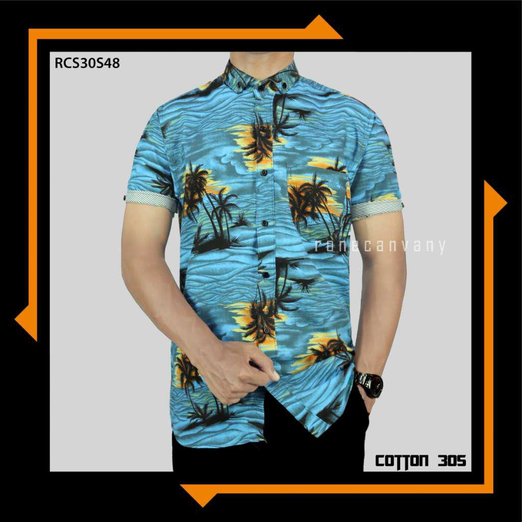 Kemeja Pria Lengan Pendek Motif Pantai Dan Fashion Bahan 30s Berkualitas Original Rone Canvany