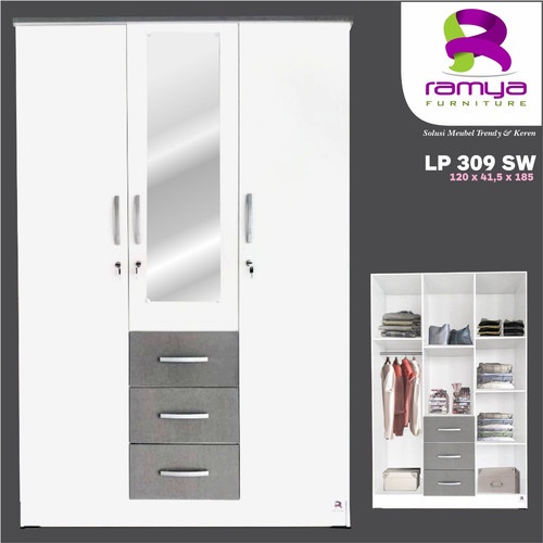 Lemari pakaian Ramya 3 pintu 3 laci abu ramya lp 309 sw