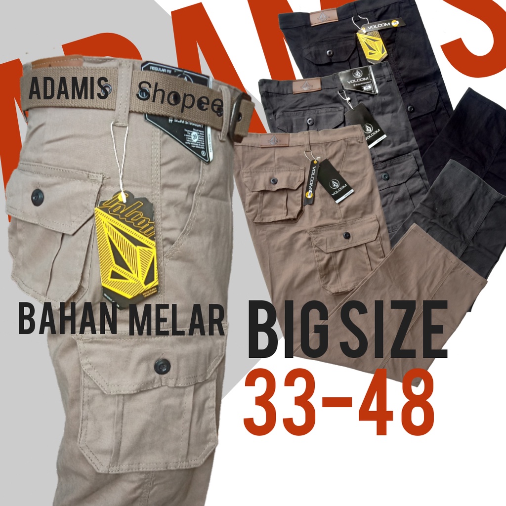 Celana Panjang Pria Cargo Jumbo Big Size 33 - 48 Kargo Kempol Saku Timbul Bahan Melar Longgar