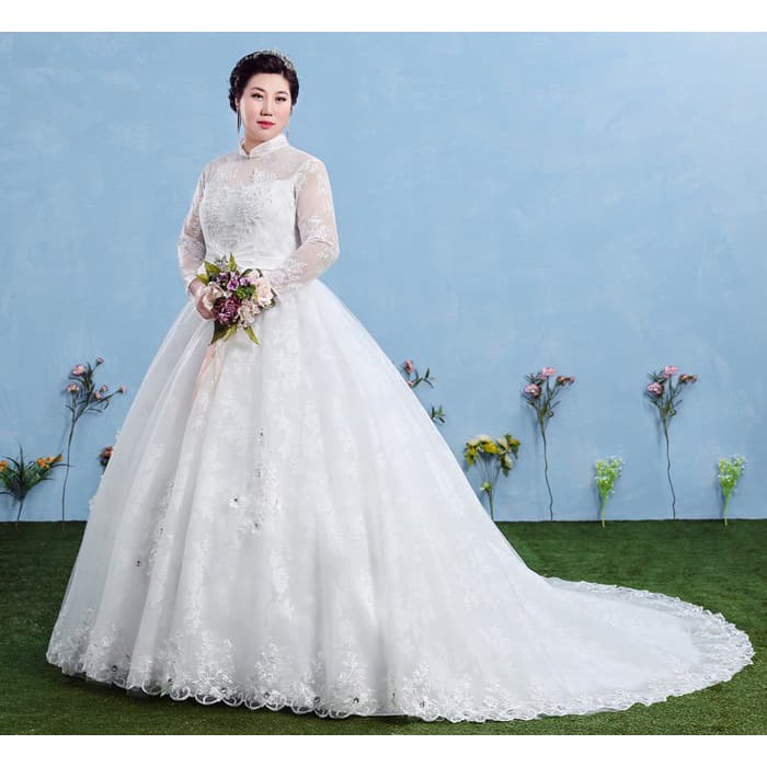 Gaun Pengantin 0681118 Putih Lengan Panjang Ekor Big Size Wedding Gown