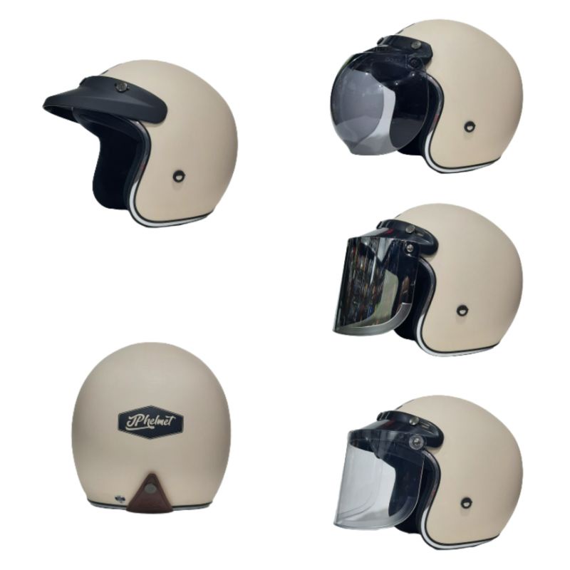 Helm JPX JP New Bigie Retro Cream Doff List Chrome Plus Kaca Original