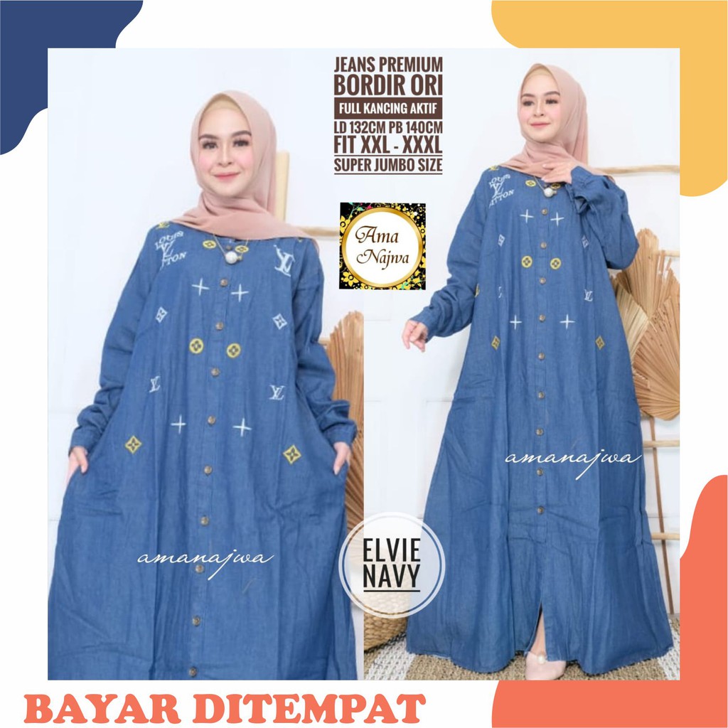 [ Bisa COD ] Gamis Muslim Jumbo Murah Ld 132 Dress Jeans Jumbo Kancing Depan Bordir LV