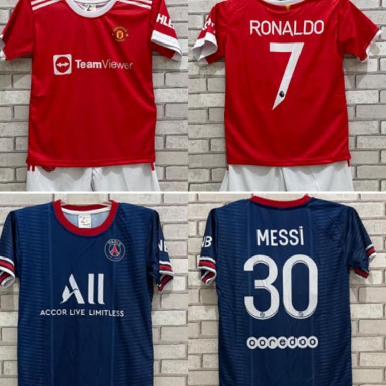 K&C ALFIYAH ~ SETELAN BAJU BOLA ANAK MU PSG,MESSI RONALDO Produk ada