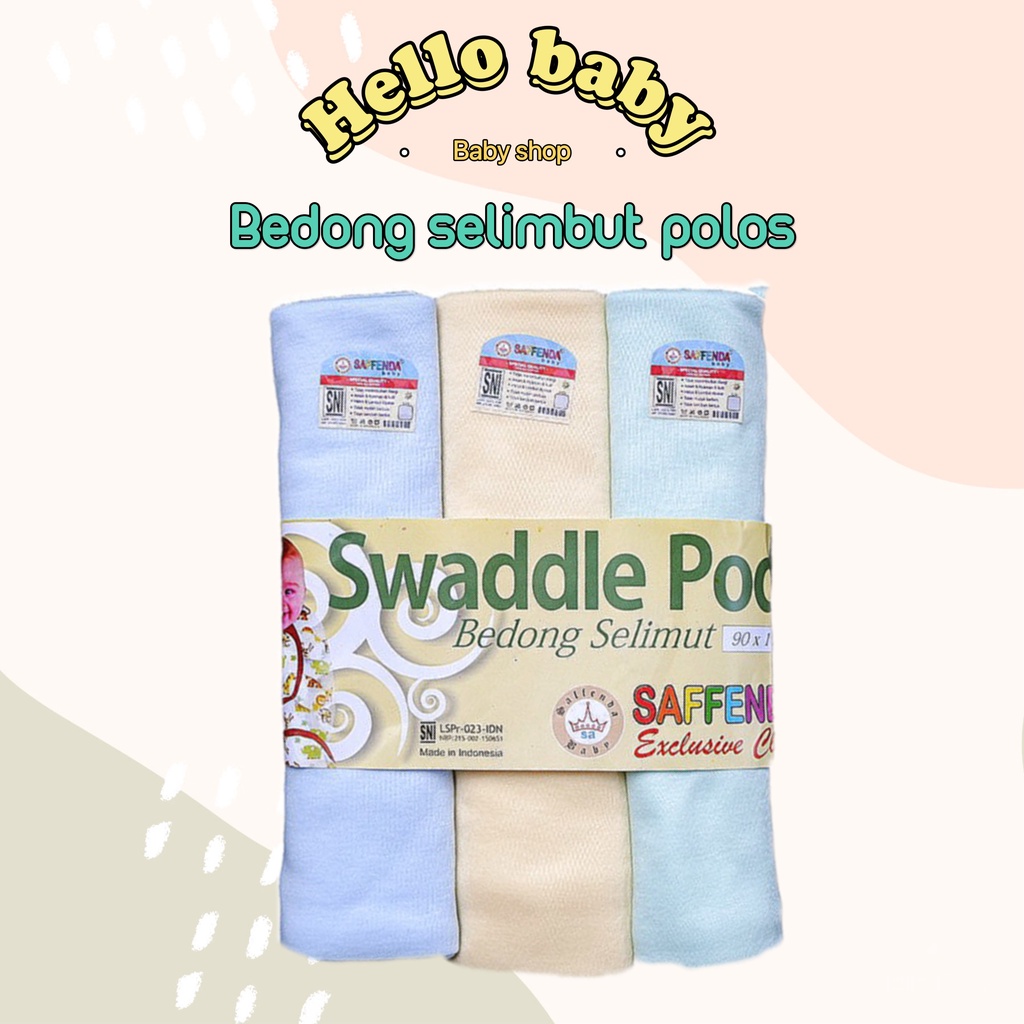 Bedong Premium Size 110 x 90 cm, Selimut Bayi Swaddle Pod SNI SAFFENDA 3 Pcs ( POLOS )