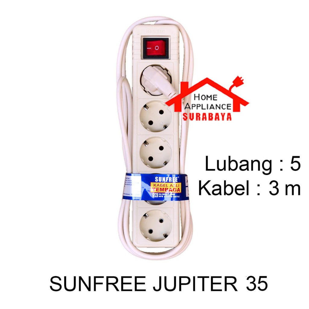Stop Kontak Arde Saklar SNI Kabel 3 Meter 5 Lubang Sunfree Jupiter 35