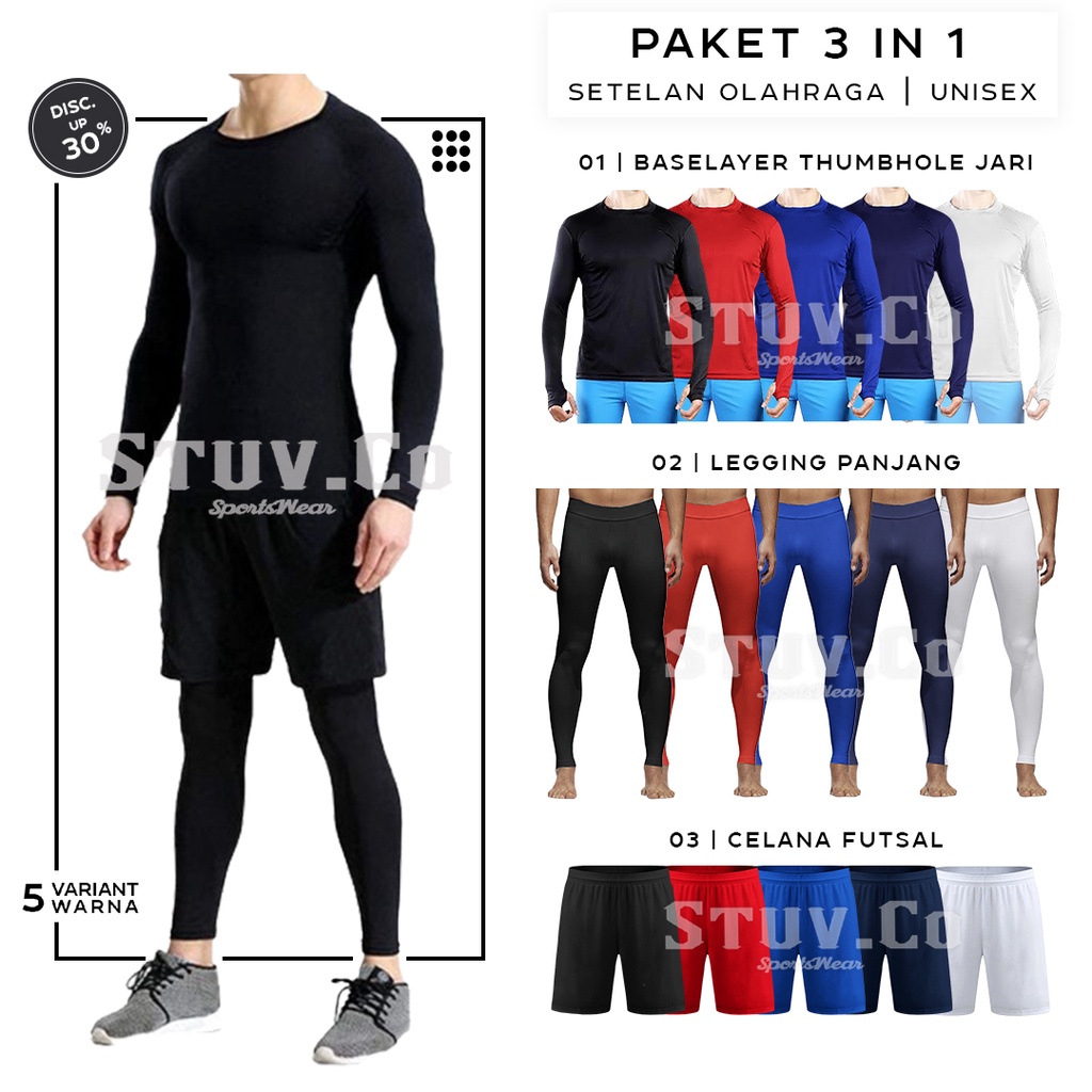 PAKET STELAN PAKAIAN OLAHRAGA MANSET BASELAYER LEGGING CELANA PENDEK FUTSAL SEPAKBOLA GYM FITNESS