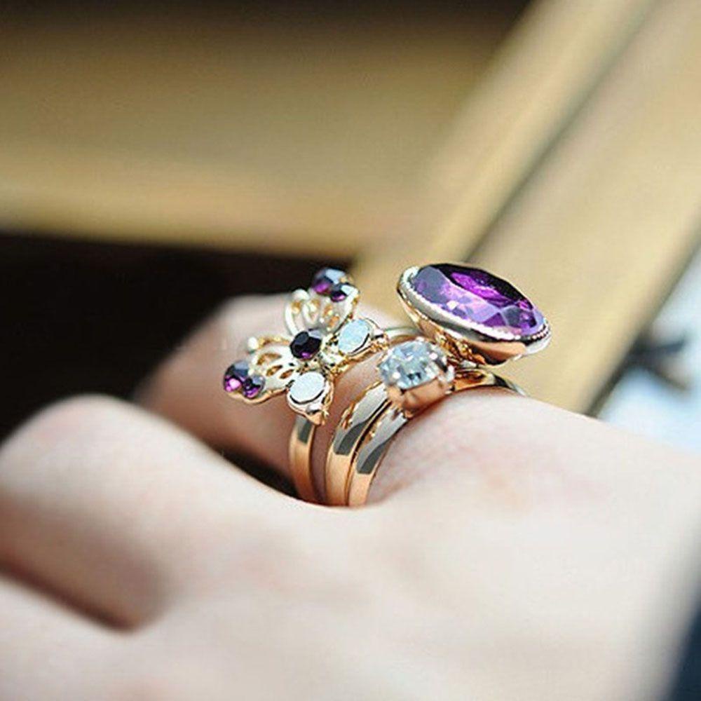 Mxbeauty Cincin Ungu Batu Pesona Hadiah Set Buku Jari Tumpuk Sederhana Band