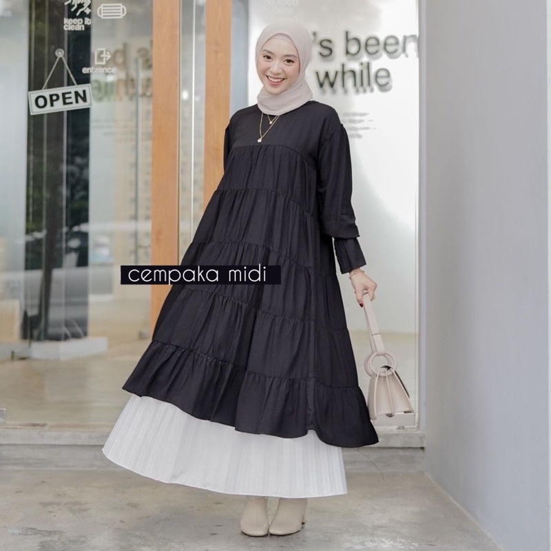 Midi Dress Tali Pinggang Rayon Premium Baju Long Tunik Wanita Remaja Full Rufle Terbaru Kekinian