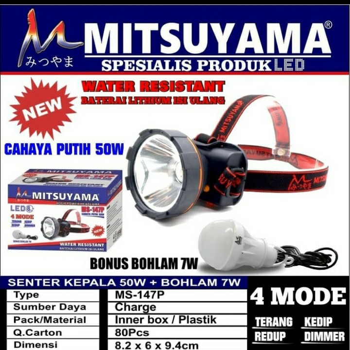 senter kepala led charger mitsuyama ms-147P cahaya putih 50W Original