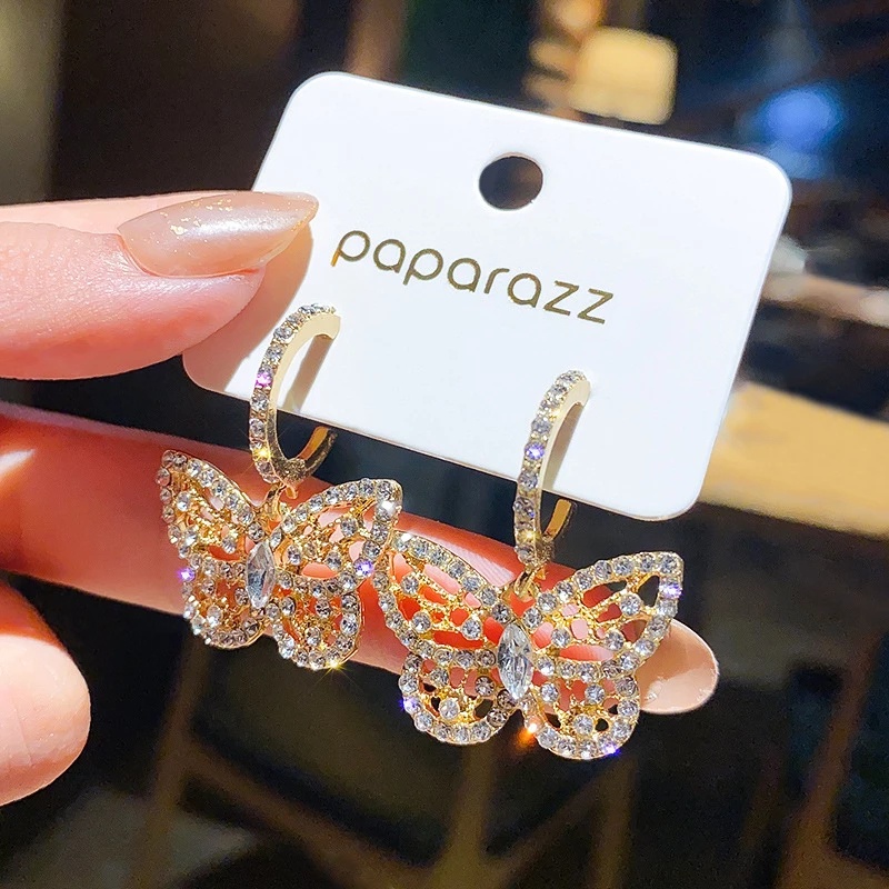 Anting Giwang Sterling Silver 925 Model Kupu-Kupu Dengan Kristal Untuk Wanita