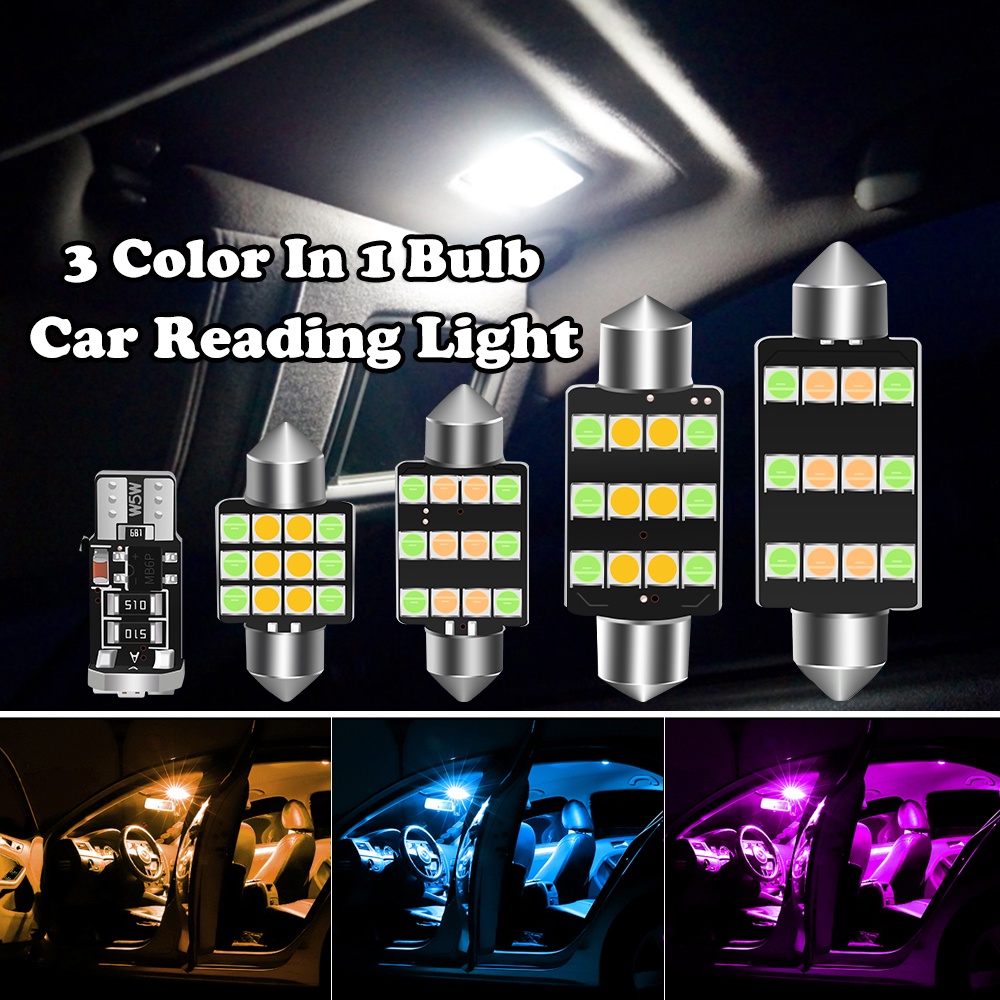 Lampu Baca LED 3 Warna T10 &amp; 31 36 39 39 41mm C5W W5W Untuk Interior Mobil