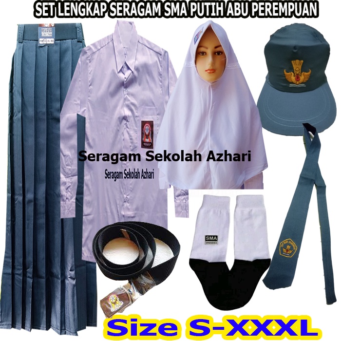 Set Lengkap Seragam Sekolah SMA Putih Abu Abu Perempuan Rok Rempel Lengkap Jilbab SMA+Topi SMA+Dasi+