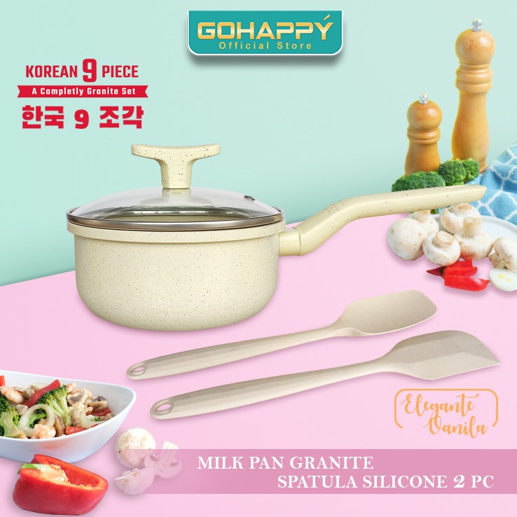 Panci Set Korean 9 piece Gohappy Go happy - Beautiful Pink Granite Strawberry - Casserole Fry Milk Wok Pan- Dutch Oven wok fry sauce pan- Straw Berry Panci set