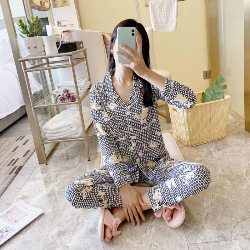 Baju tidur lengan panjang Piyama wanita pp import krah korean style-PP.K PIKACHU KOTAK