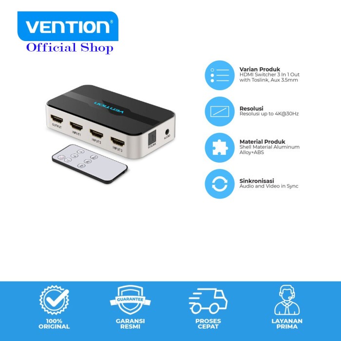 Vention AFJ HDMI Switcher 3 Input 1 Output Aux Optical