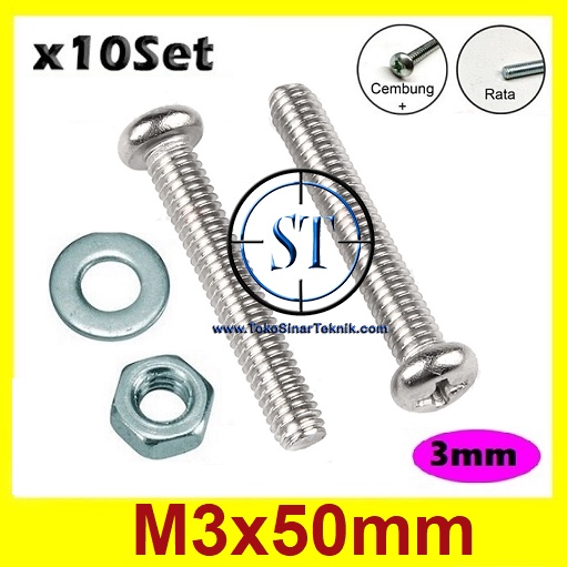 x10 Set Baut Mur Ring M3 x 50mm JP M3x50mm 3x50mm 3 x 50 3 x 50mm Ukuran Panjang 50mm Kepala Cembung isi 10 Set