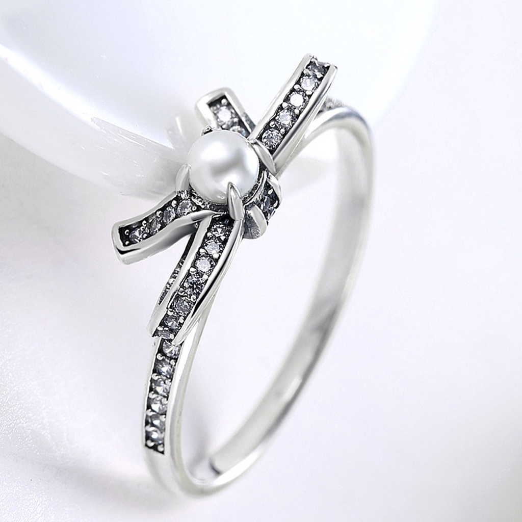 Hu Hu Hu Hu Hu Alat Bantu Pasang Kacamata♡ Cincin Wanita Bahan Sterling Silver 925 Desain Pita Hias Cubic Zirconiamutiara Imitasi Untuk Pernikahan