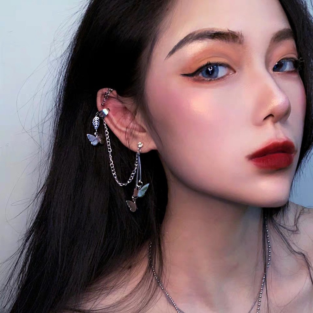 1pc Anting Klip Rantai Panjang Wanita Bentuk Kupu-Kupu Gaya Punk Hip Hop #261141322