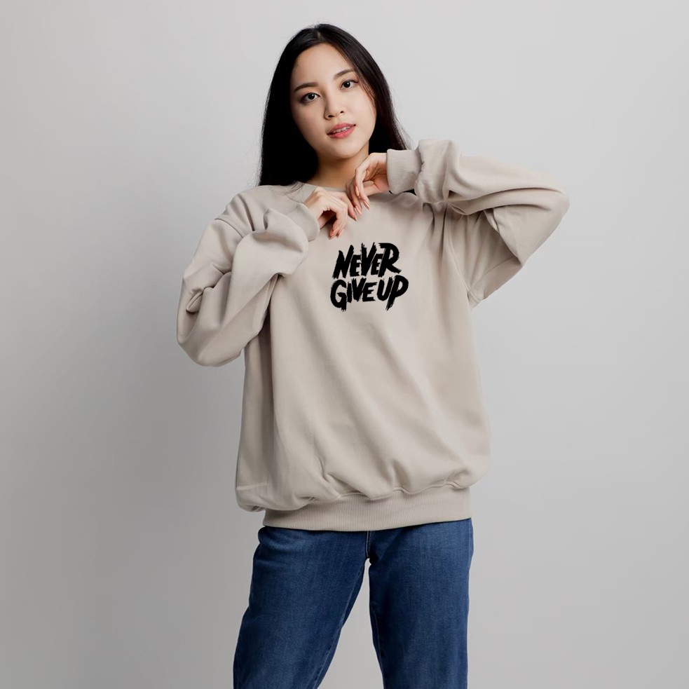 Sweater Never Give Up Black Pria &amp; Wanita | Sweater Korea Style Fleece Cotton | Dhea Fashion