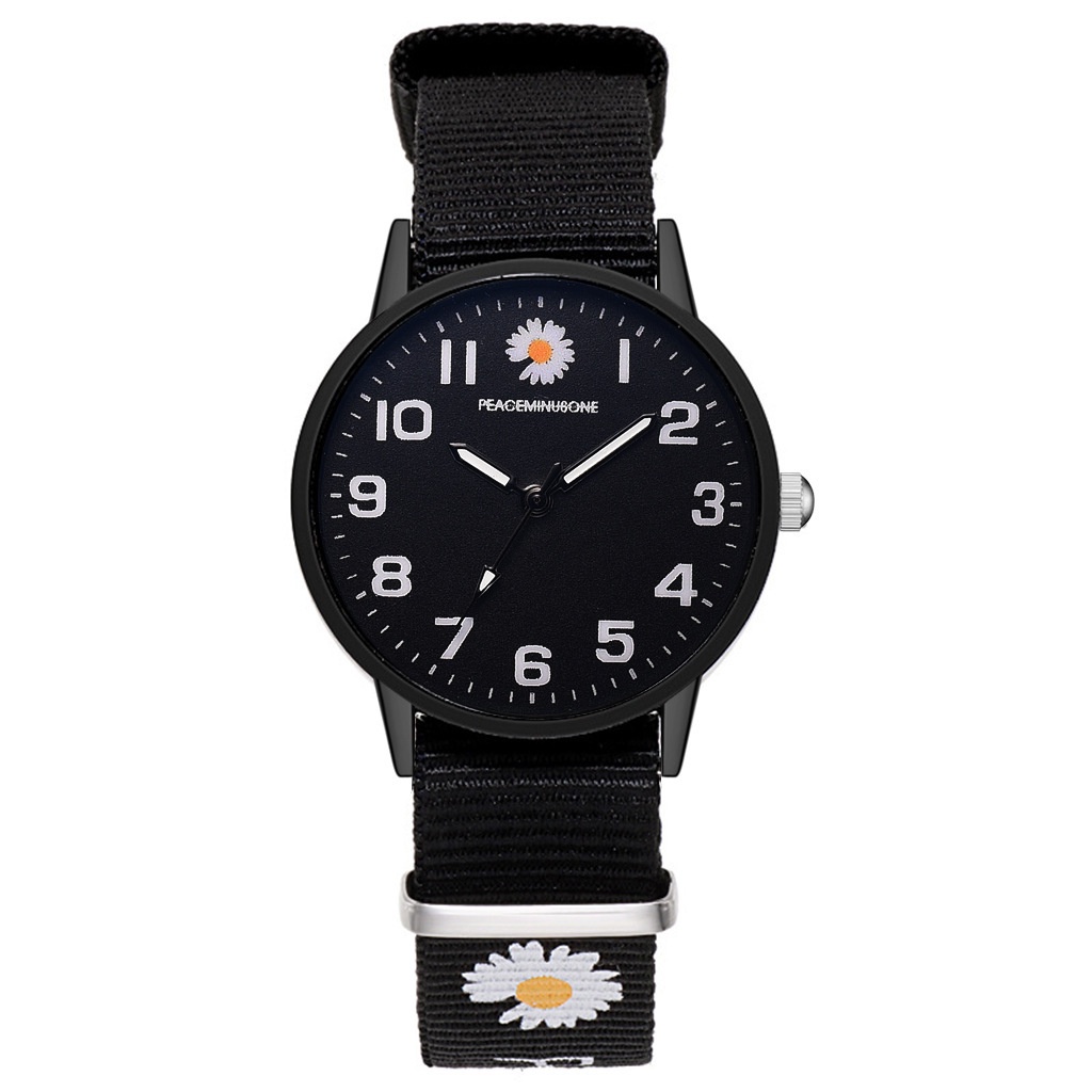 MURMURE.ID | JAM TANGAN ANALOG WANITA MODEL BULAT BUNGA DAISY HITAM IMPORT MURAH FW014-1 BUNGA KECIL