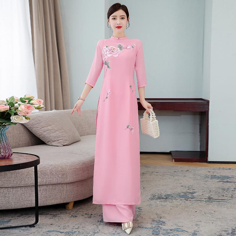 Love original new spring, summer and autumn oder hand-painted cheongsam dress wide leg pants two-pie