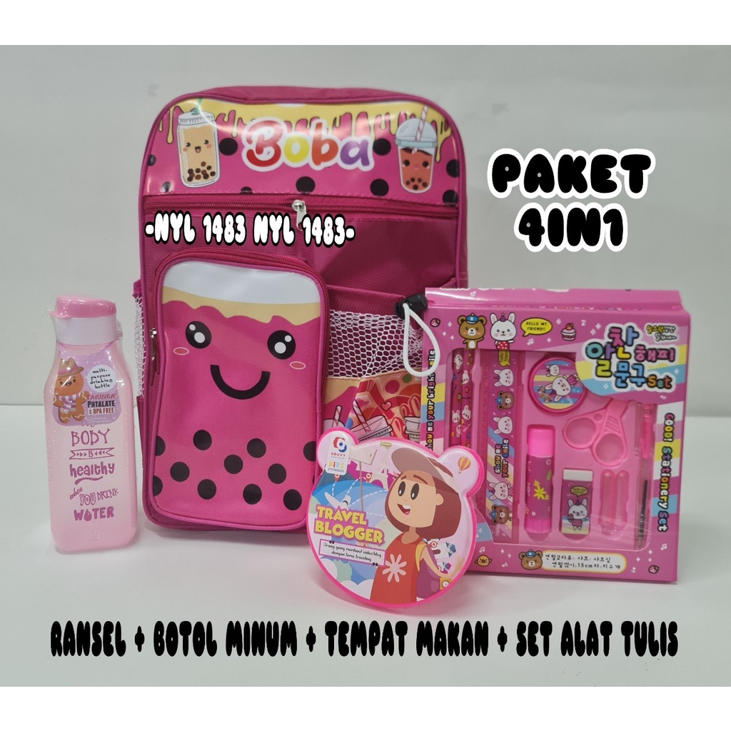 Tas Ransel BOBA 4 IN 1 / Set Paket BOBA Anak / Ransel BOBA Botol + Set Alat Tulis + Misting + Botol 