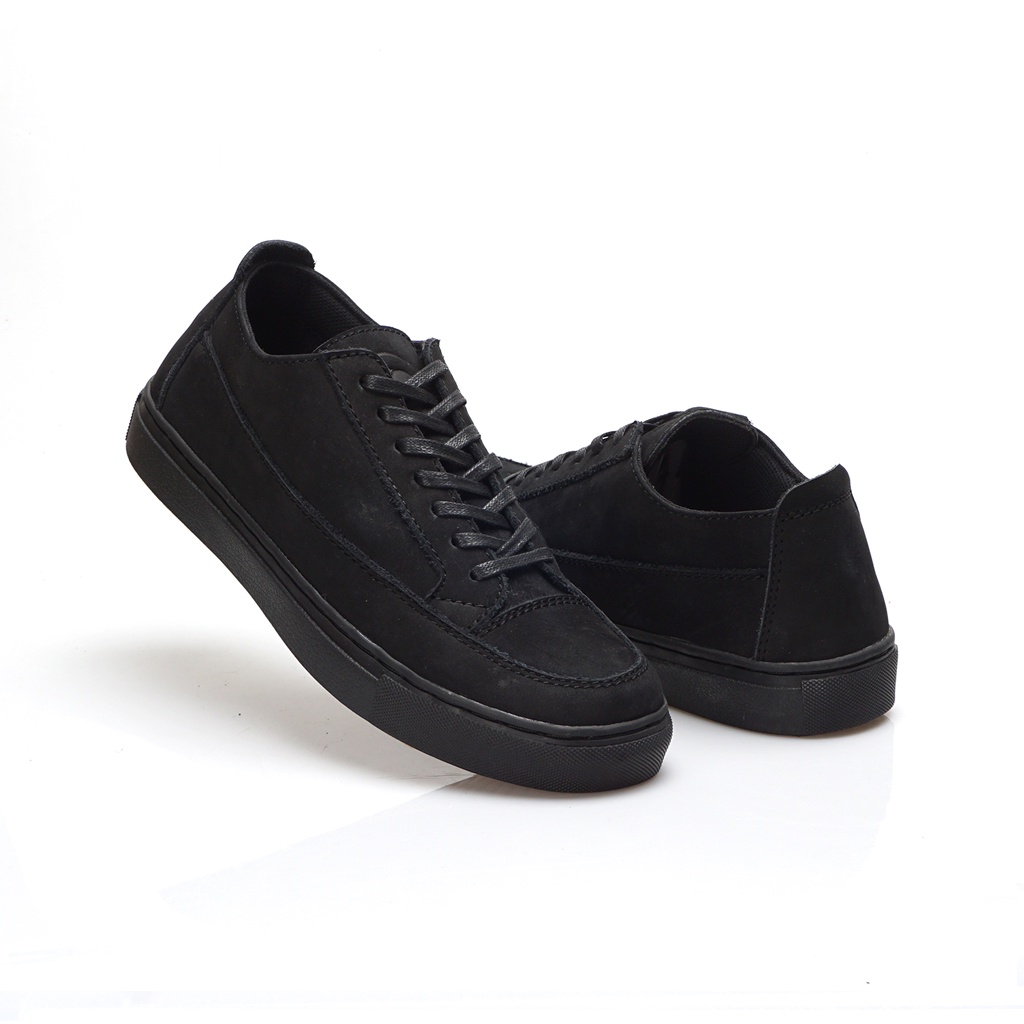 OLAF FULL BLACK ORIGINAL x GREATA Sepatu Sneakers Kulit Sapi Asli Hitam Pria Kets Tali Semi Formal Kerja Kantor Jalan Santai Hangout Kuliah Pesta Kondangan Simple Distro Fashion Genuine Leather Casual Shoes Premium Skate Men Footwear Keren Terbaru Branded