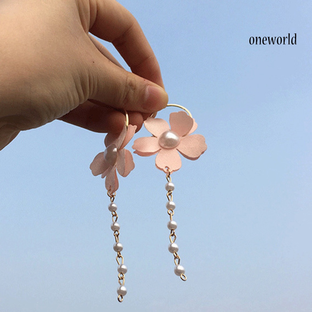 OW@ Fashion Women Chiffon Flower Faux Pearl Circle Long Dangle Stud Earrings Jewelry