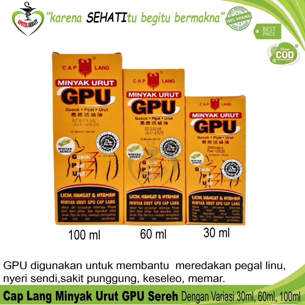 Minyak Urut GPU Sereh Cap Lang Variasi 30ml 60ml 100ml Minyak Pijat Gosok