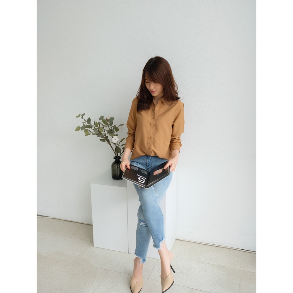 T-0379 Blouse Kemeja Wanita Basic-BROWN