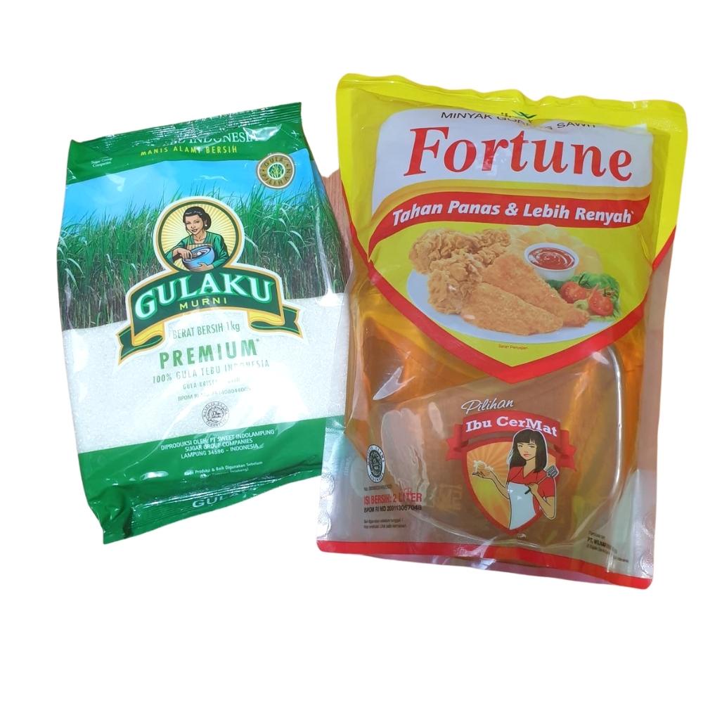 

Paket Sembako Minyak Goreng Fortune / Rose Brand / Sovia 2L + Gulaku Hijau 1kg