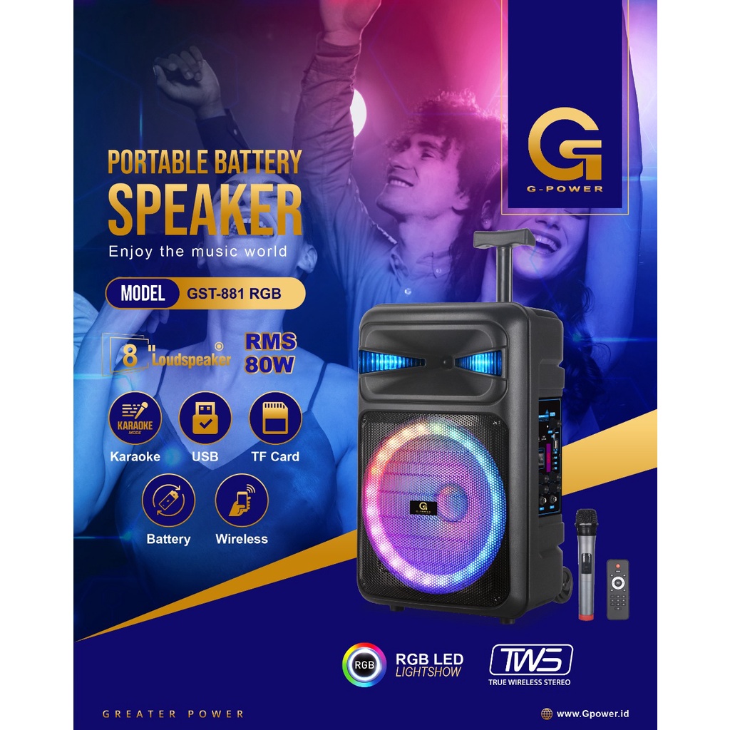 G-Power GST 881 SPEAKER PORTABLE RGB 8 Inch Free 1 Microphone Wireless ORIGINAL GARANSI RESMI