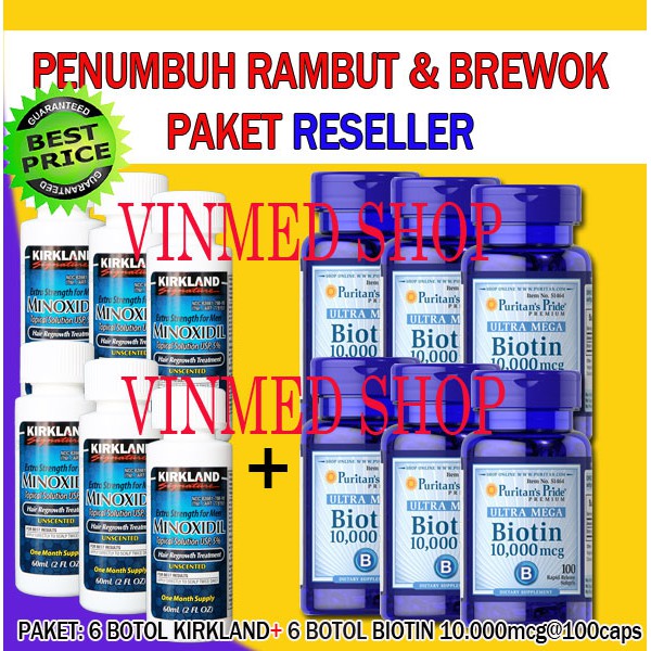 Paket Reseller Kirkland Minoxidil 6 Botol+Biotin 10.000mcg(100 Caps) 6 Botol