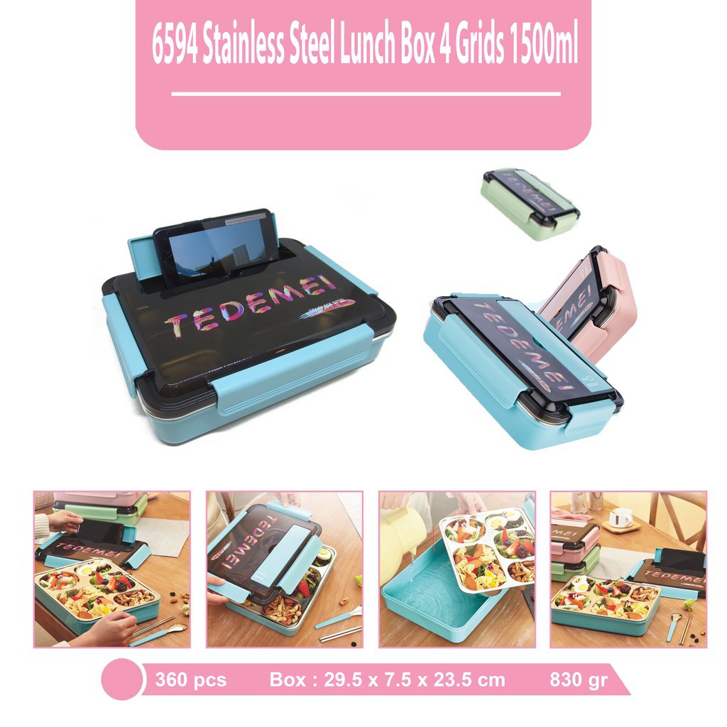 LUNCH BOX STAINLESS TEDEMEI 6594 BIRU HIJAU PINK 4 SEKAT / 1500ML