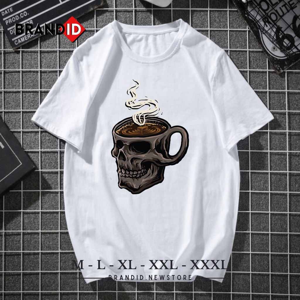 DTF005 Baju Kaos Pria Dewasa Motif Skull Coffee T-Shirt Distro Cowok Pecinta Kopi Branded Original A