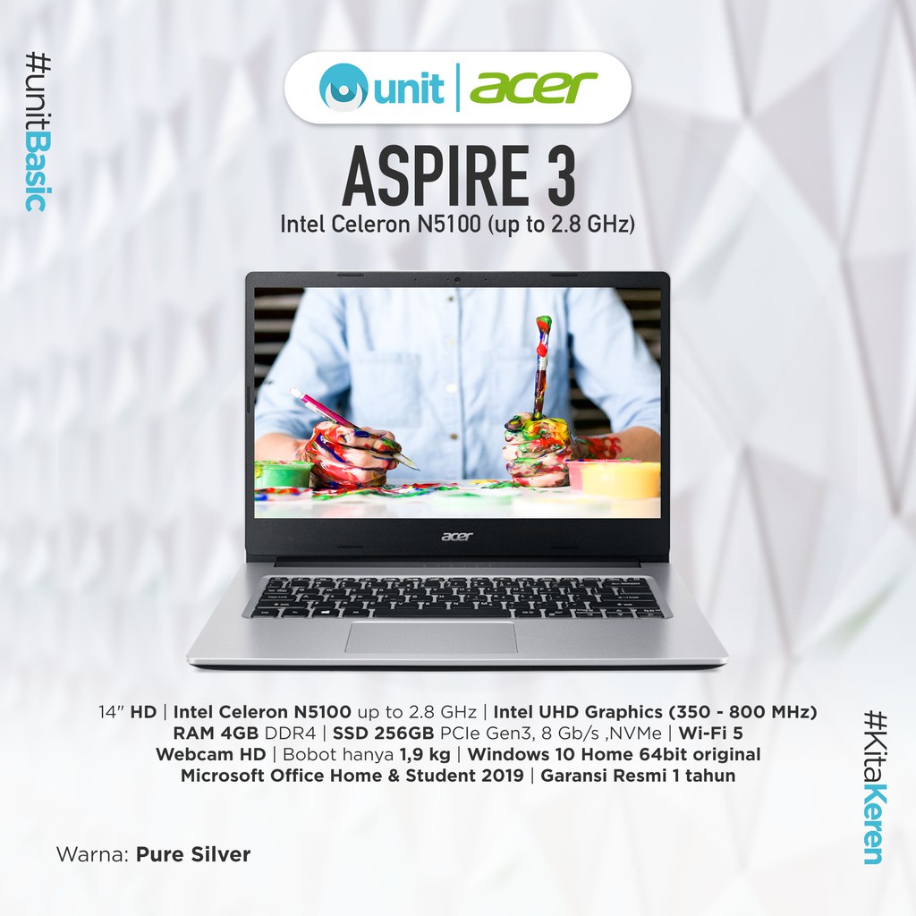 Acer Aspire 3 A314-35-C8QL Intel Celeron N5100 4GB 256GB Win10 - Pure Silver