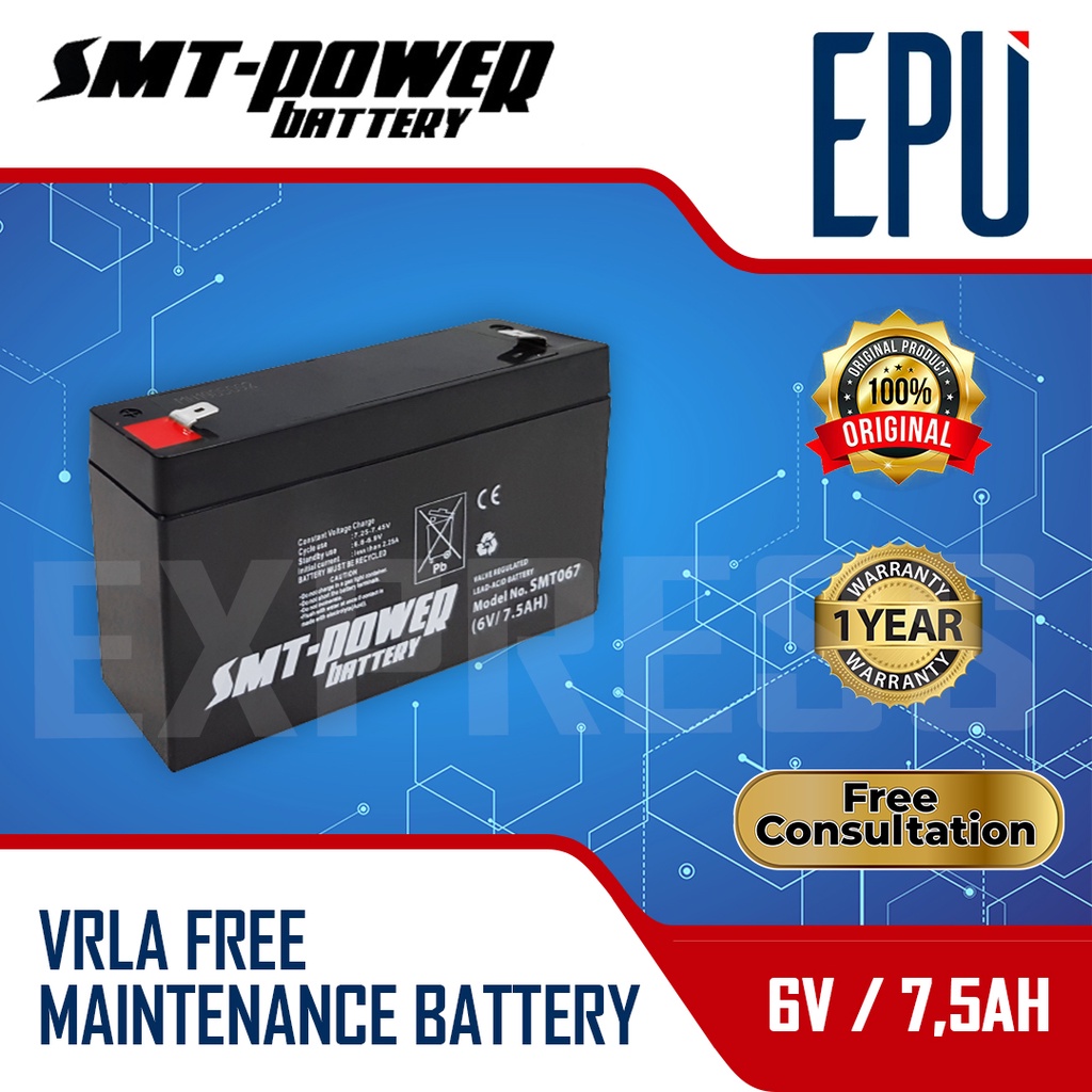 Aki UPS Samoto SMT 6v 7.5AH 7AH - Baterai UPS Aki Kering VRLA Battery UPS Batere UPS Aki Mainan