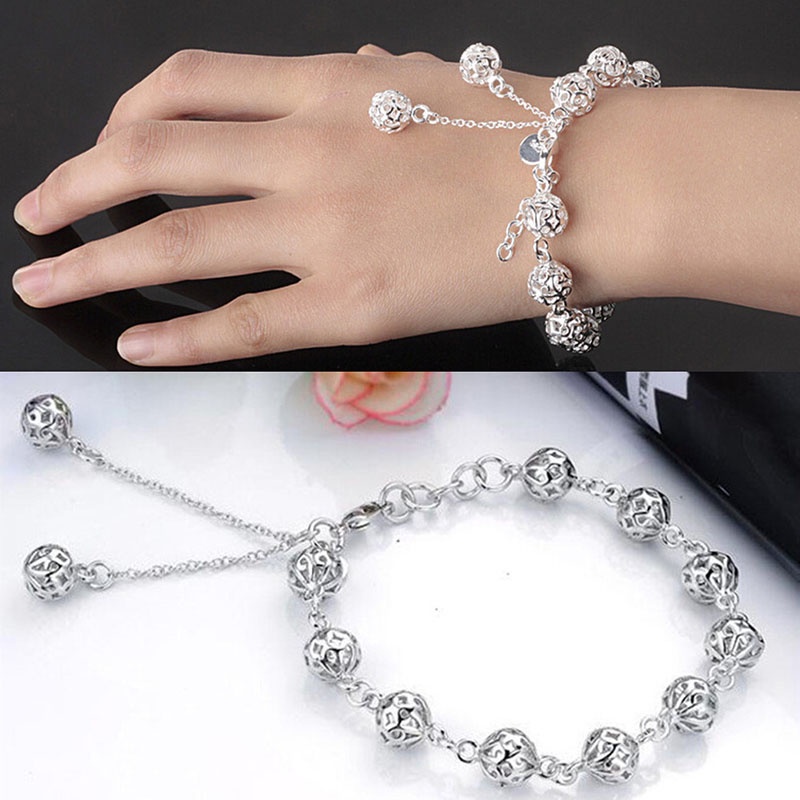 Gelang Tangan Lapis Silver Aksen Bola Hollow Untuk Wanita