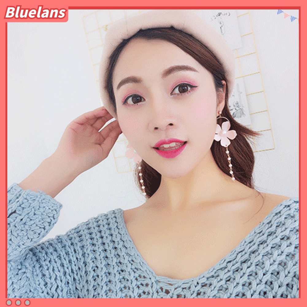 Bluelans Fashion Women Chiffon Flower Faux Pearl Circle Long Dangle Stud Earrings Jewelry
