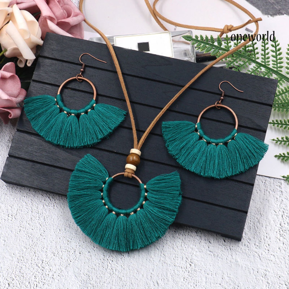 OW@ Bohemian Women Round Pendant Fringe Tassel Rope Necklace Earrings Jewelry Set