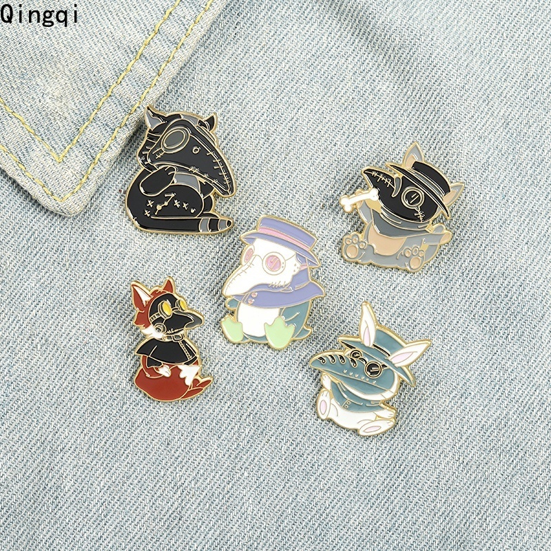 Bros Pin Enamel Desain Kartun Hewan Kelinci Rubah Penguin Beak Face Untuk Hadiah