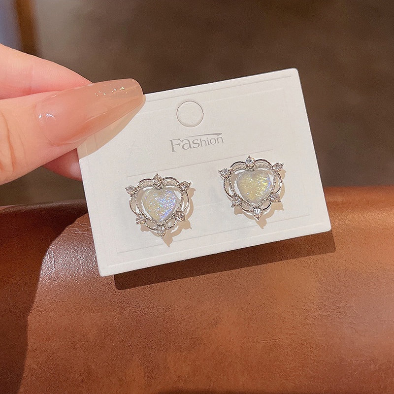 Anting Tusuk Sterling silver 925 Desain Hati Hias Opal + Berlian Gaya Mewah Untuk Wanita