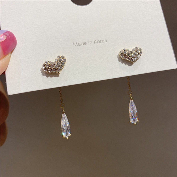 Anting Tusuk Gantung Sterling Silver 925 Desain Hati + Pita Hias Zircon Untuk Wanita